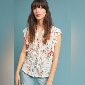 Anthropologie Mauve Large Button Down Kailana Flutter-Sleeve Top Embroidered